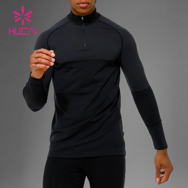 Custom Half Zipper Long Sleeve Mens Mesh Stitching T Shirts Fitness Apparel Supplier