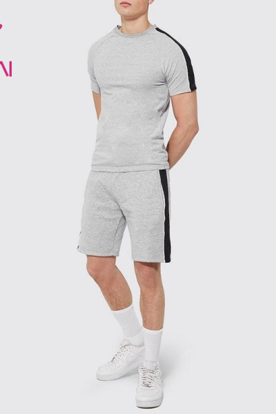 OEM Custom Stretch Short Sleeve Shorts Tracksuits Hem Printed Running Suit Men