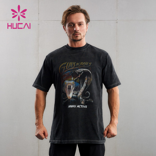 HUCAI ODM Sports T Shirts Washed Snake Print Effect Short Sleeve Manufacturer