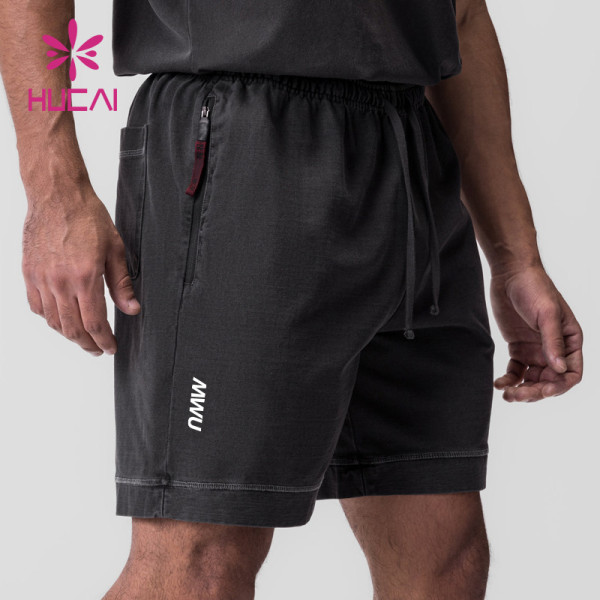 HUCAI Custom Fadded Colors Mens Drawstring Sports Shorts With Zipper Pocket Manufacturer