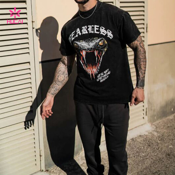 HUCAI Private Label Sports Washed Shirts Oversized Screen Printed Tee Manufacturer