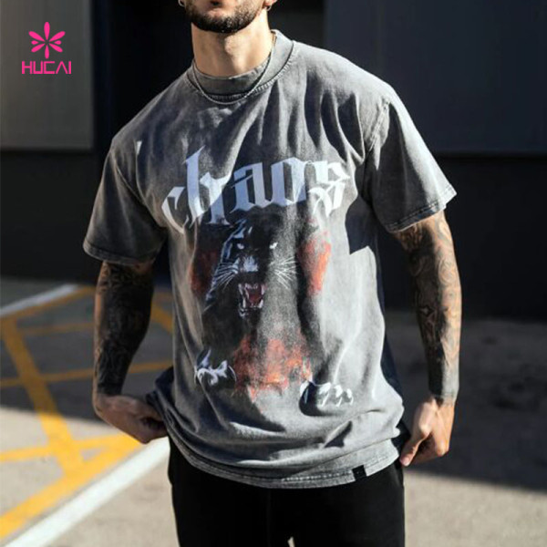 HUCAI Private Label Sportswear Washed Shirts Oversized Screen Printed Cotton Tee Manufacturer