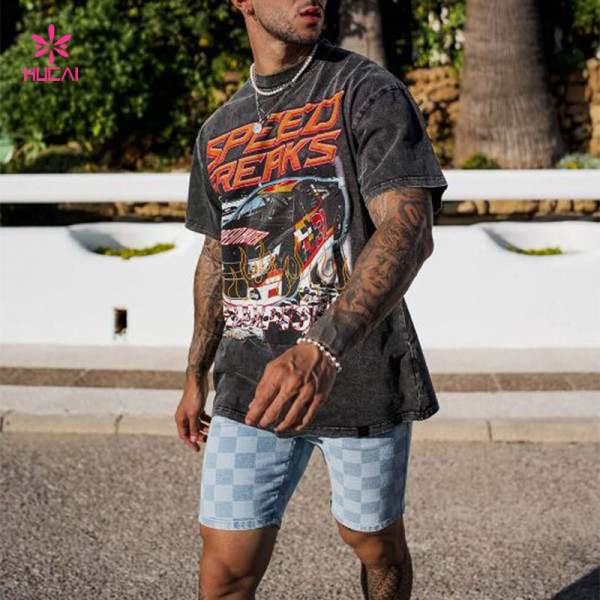 HUCAI Private Label Sportswear Washed Loose T-shirts Oversized Screen Printed Cotton Tee Manufacturer