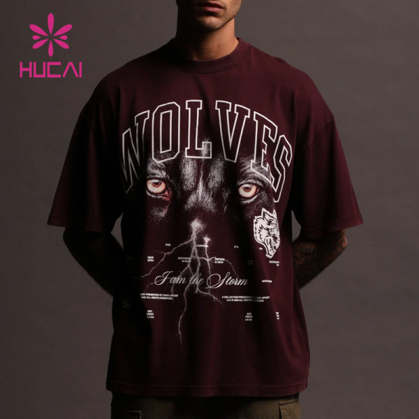 HUCAI Private Label Sportswear Loose T-shirts Oversized Screen Printed Cotton Tee Manufacturer