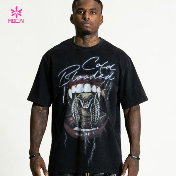 HUCAI Private Label Activewear Washed Loose T-shirts Oversized Screen Printed Cotton Tee