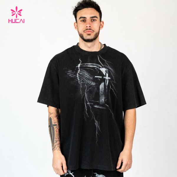 HUCAI Private Label Sportswear Gym Washed Loose T-shirts Oversized Screen Printed Cotton Tee