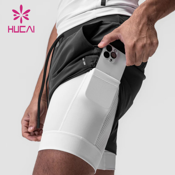 HUCAI Custom Mens 2 in 1 Shorts Drawstring Back Patch Pocket Sportswear Supplier