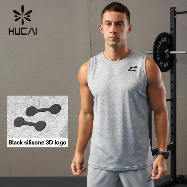 HUCAI Gym Mens Tank Top Silicone 3D Logo Anti Bacterial Fabric Fitness Vest ODM