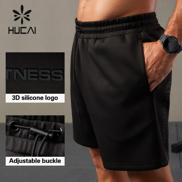 HUCAI Custom Mens Shorts Beaded Fabric Silicone 3D Logo Drawstring Gymwear ODM