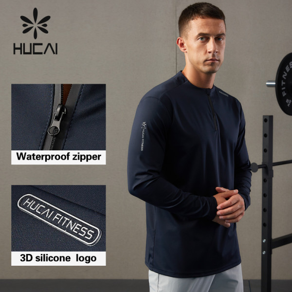 HUCAI Mens Shirts High-frequency LOGO Collarless Design Gym Long Sleeves ODM