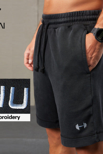 HUCAI ODM Sports Shorts Embroidery 100% Cotton Washed Fabric Sportswear