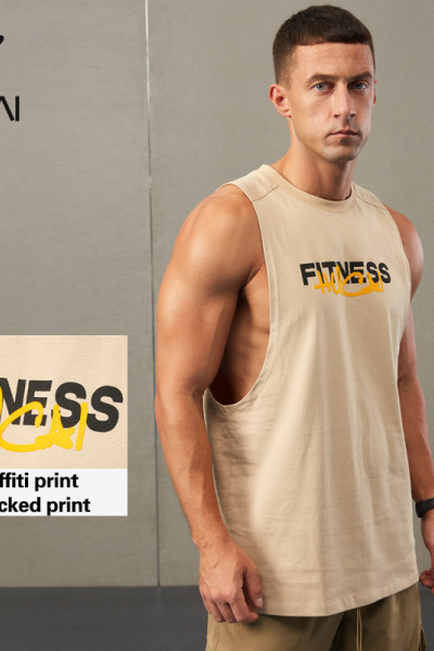 HUCAI Fitness Tank Top Sorona Anti-wrinkle Fabric Flocked Print Mens Vest OEM