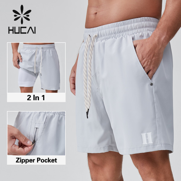 HUCAI OEM Sports Shorts 2 In 1 Zipper Pocket Custom Rivets And Drawstring Activewear Manufacturer