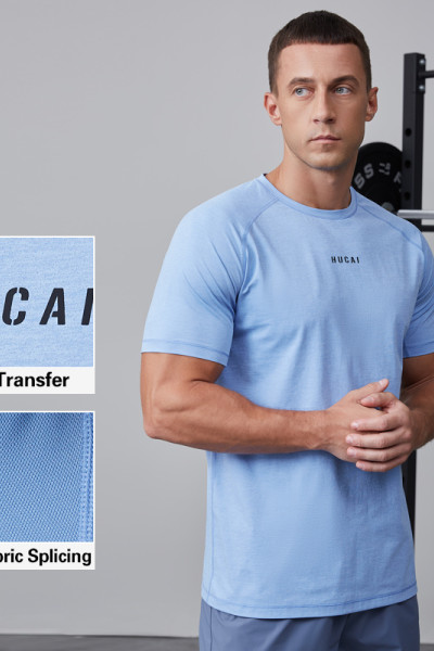 HUCAI OEM Gym T Shirt Patchwork Mesh Silicone Heat Transfer Quick Dry Wicking Activewear Supplier