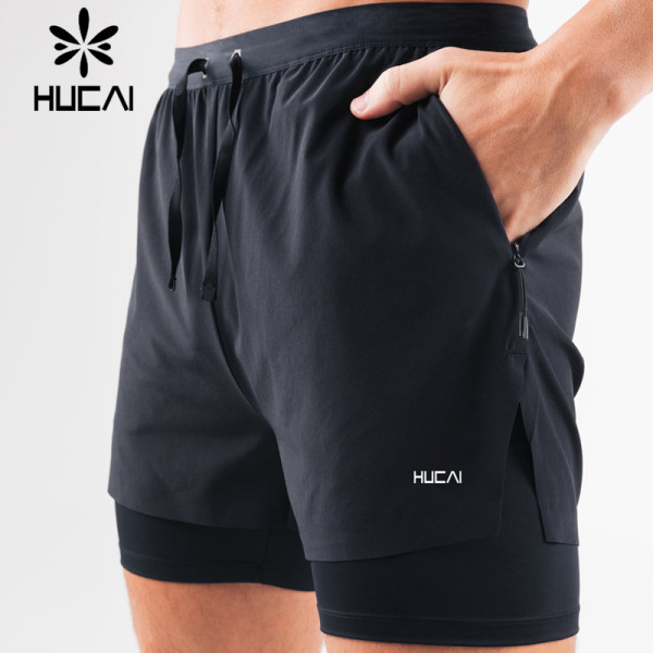 OEM Gym Contrast Color Elastic Shorts Mens 2 in1 Double Layers