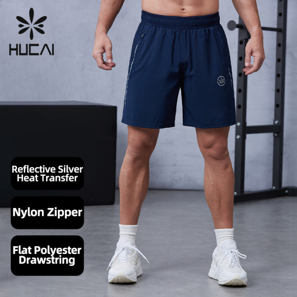 Premium Metallic printing Logo Zipper Pocket Dry Fit Men's Gym Shorts|Hucai Activewear Manufacturer