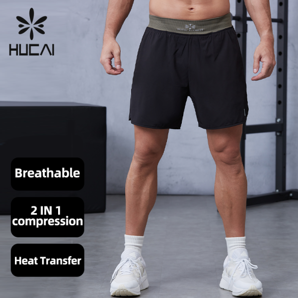 Custom logo Ribbed Waistband 2 in 1 Mens Athletic Training Shorts |Hucai Activewear Manufacturer
