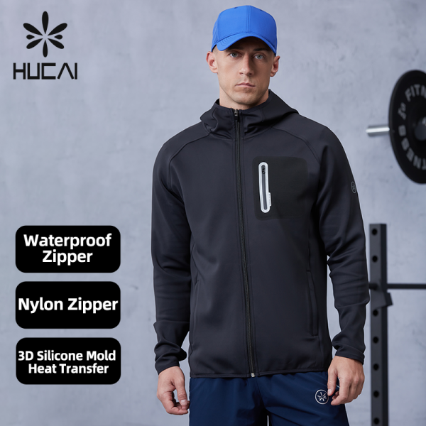 Custom 3D Silicone logo Waterproof Zipper Gym Sports Jacket |Hucai Activewear Manufacturer